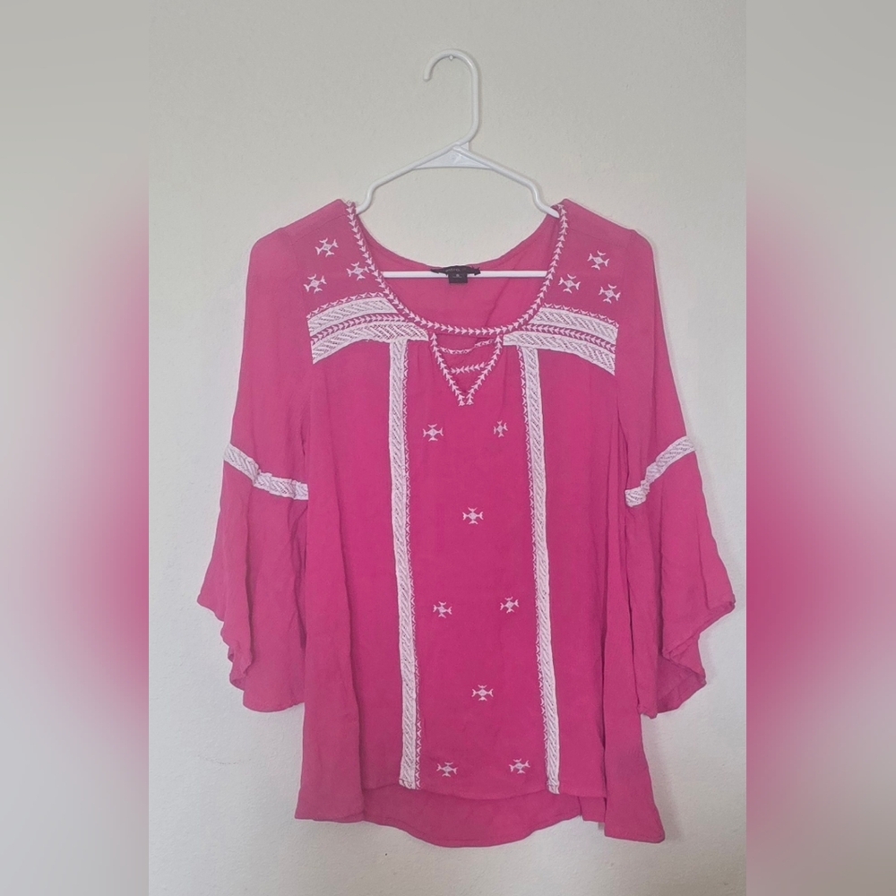 Intro Pink Embroidered Boho Bell Sleeve Festival Peasant Flowy Blouse Small